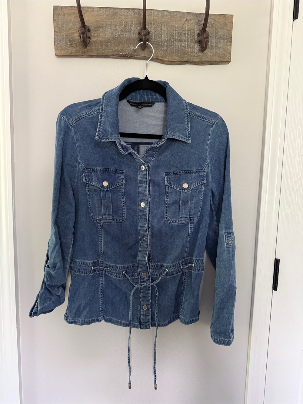 White House Black Market Denim Utility Jacket with Drawstring Waist - Size M
